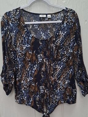 Cato Women's Navy & Brown Printed Tie-Front Blouse